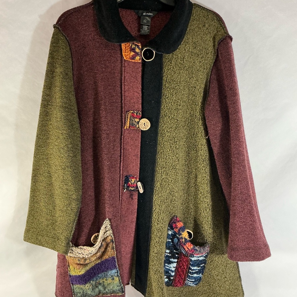 Ali Miles Two-Tone Olive Green and Burgundy Patchwork Coat with Black Trim